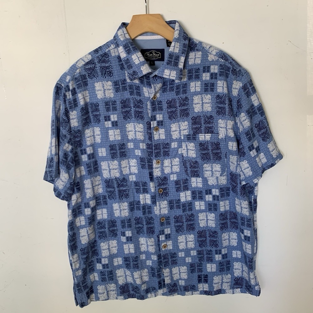 Nat Nast Mens Blue Silk Cotton Geometric Print Short Sleeve Button Down Shirt L